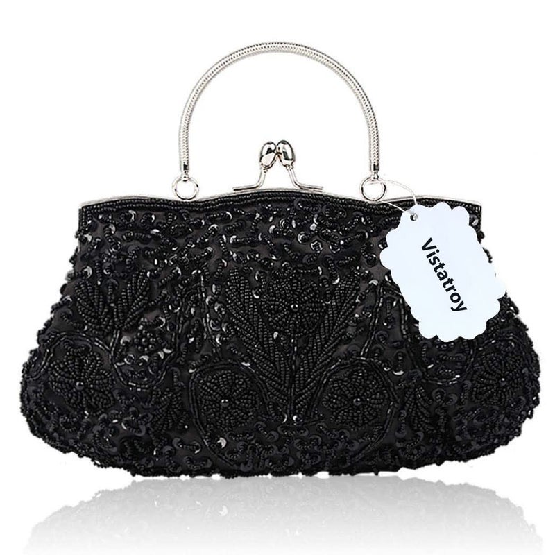 Vistatroy Vintage Style Beaded And Glass Beads Evening Bag Wedding Party Handbag Clutch Purse for Women Female Formal Evening (Black) - Image 3