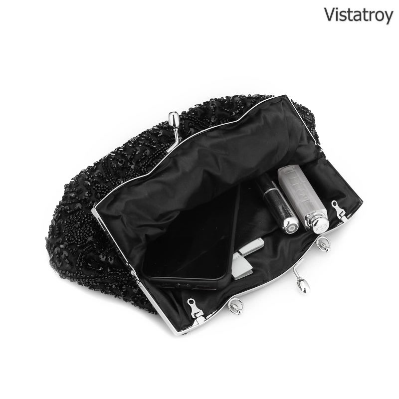 Vistatroy Vintage Style Beaded And Glass Beads Evening Bag Wedding Party Handbag Clutch Purse for Women Female Formal Evening (Black) - Image 5