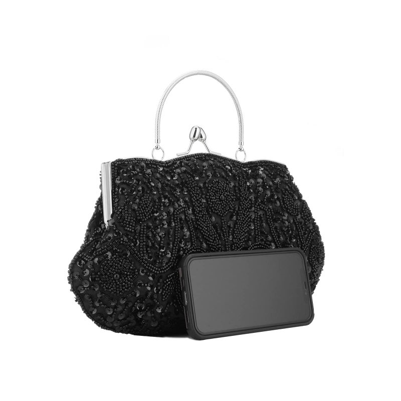 Vistatroy Vintage Style Beaded And Glass Beads Evening Bag Wedding Party Handbag Clutch Purse for Women Female Formal Evening (Black) - Image 4