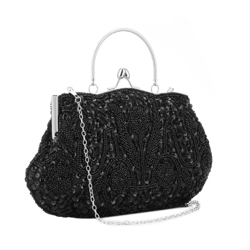 Vistatroy Vintage Style Beaded And Glass Beads Evening Bag Wedding Party Handbag Clutch Purse for Women Female Formal Evening (Black) - Image 2