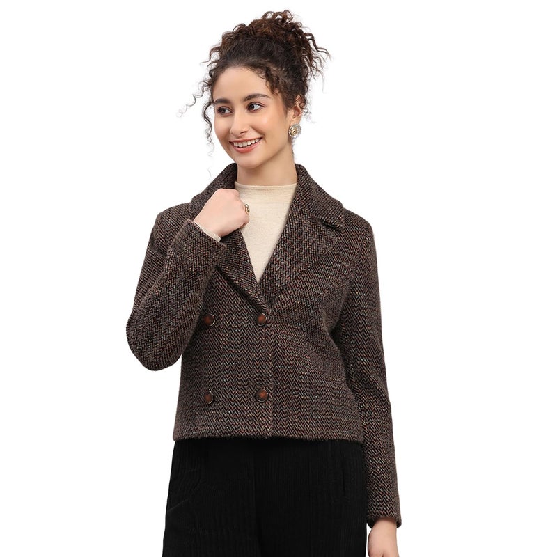 Monte Carlo Womens Regular Fit Printed Button Full Sleeve Winter Coat | Warm Woolen Overcoat for Ladies | Stylish Long Sleeve Buttoned Jacket Brown M (Pack Of 1) - Image 2