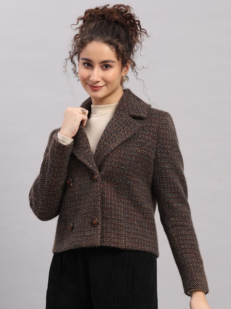 Monte Carlo Womens Regular Fit Printed Button Full Sleeve Winter Coat | Warm Woolen Overcoat for Ladies | Stylish Long Sleeve Buttoned Jacket Brown M (Pack Of 1) - Image 3