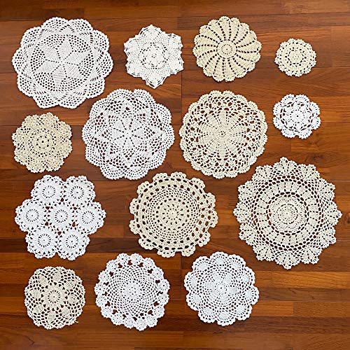 kilofly 14 pcs Cotton Crochet Doilies 4"-11.5" Handmade White Beige Placemats - Image 2