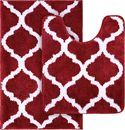 OLANLY Bathroom Rugs Set 2 Piece, Microfiber Bath Shower Mat and U-Shaped Toilet Rug, Machine Wash Dry, Non-Slip Absorbent Shaggy Bath Mats for Tub, Shower and Bathroom (30"x20"+24"x20", Burgundy) - Image 1