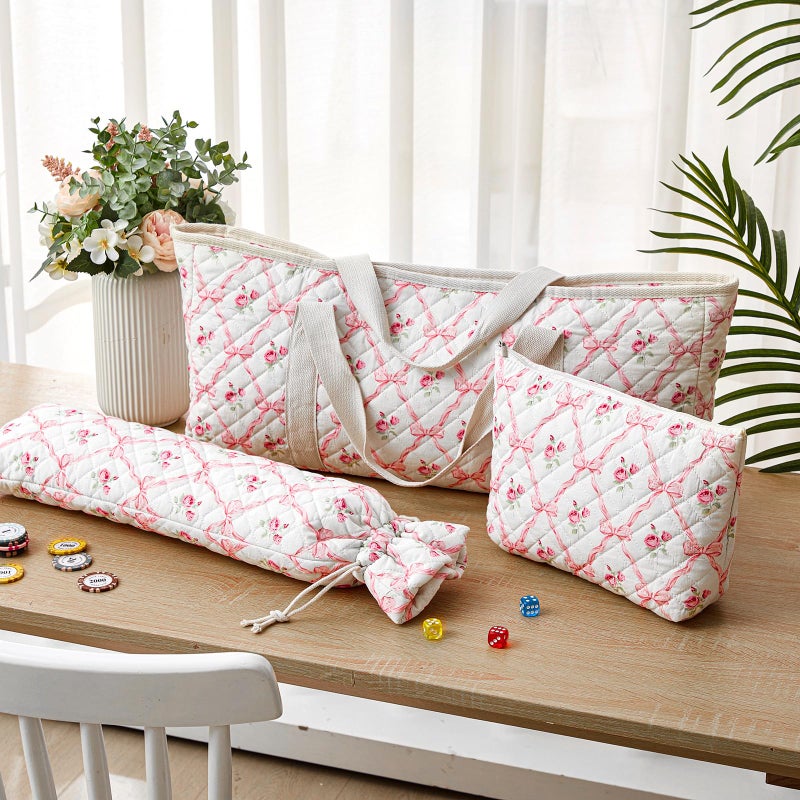 Shinylin 3 Pcs Empty Mahjong Bag Set, Thickened Pink Bow Quilted Carrying Bag Set with Two Wrappers, Card Bags, Mahjong Racks and Card Pusher Drawstring Bags (Case Only) - Image 2