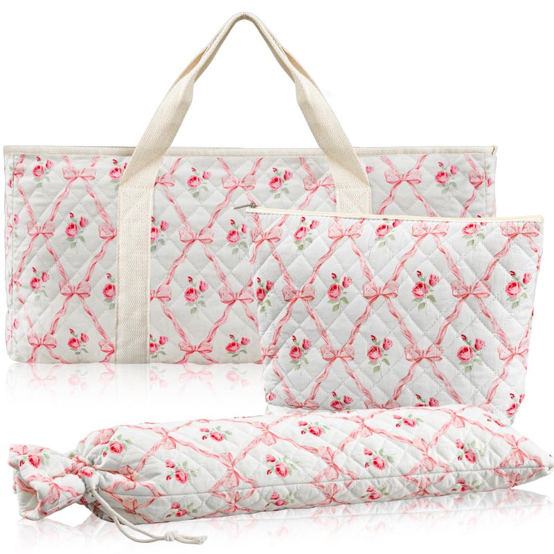 Shinylin 3 Pcs Empty Mahjong Bag Set, Thickened Pink Bow Quilted Carrying Bag Set with Two Wrappers, Card Bags, Mahjong Racks and Card Pusher Drawstring Bags (Case Only) - Image 1