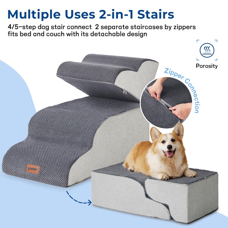ZOMISIA Dog Stairs Ramp for High Beds Up to 25" H - 5 Step Pet Stairs for Small to Large Dogs, 35D Foam Dog Steps for Couch with Non-Slip Bottom Grey - Image 2