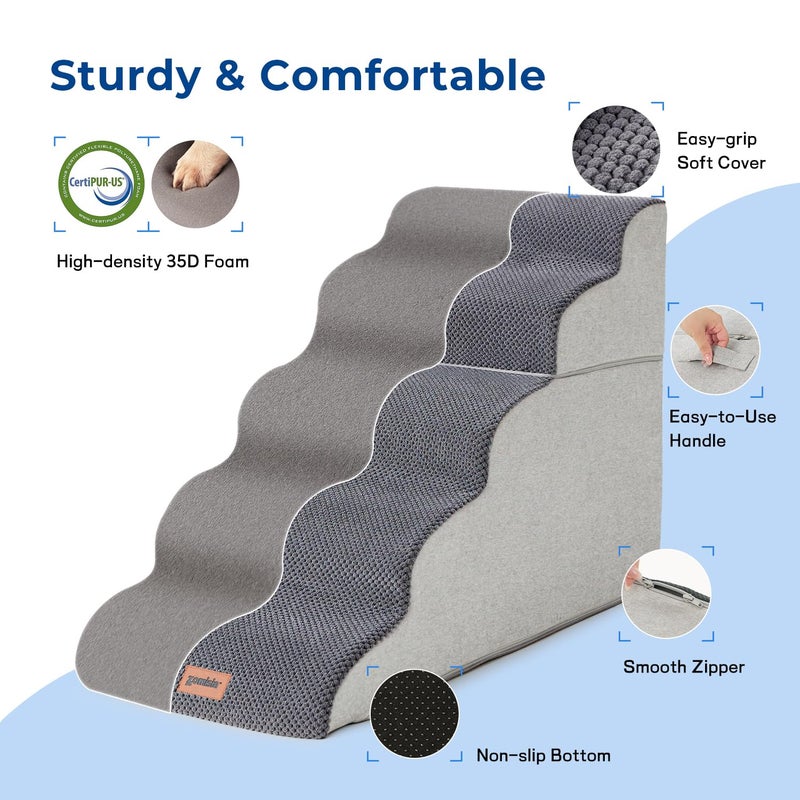 ZOMISIA Dog Stairs Ramp for High Beds Up to 25" H - 5 Step Pet Stairs for Small to Large Dogs, 35D Foam Dog Steps for Couch with Non-Slip Bottom Grey - Image 4