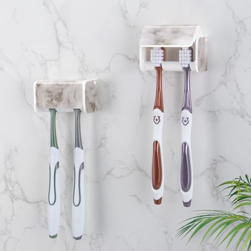 PARKMANI 2 PCS Toothbrush Holders Wall Mounted with Cover, Electric Tooth Brushing Holder for Bathroom, 2 Slots Self Adhesive Toothbrush Organizer, Toothbrush Stand for Family, Kids (2, White Marble) - Image 1