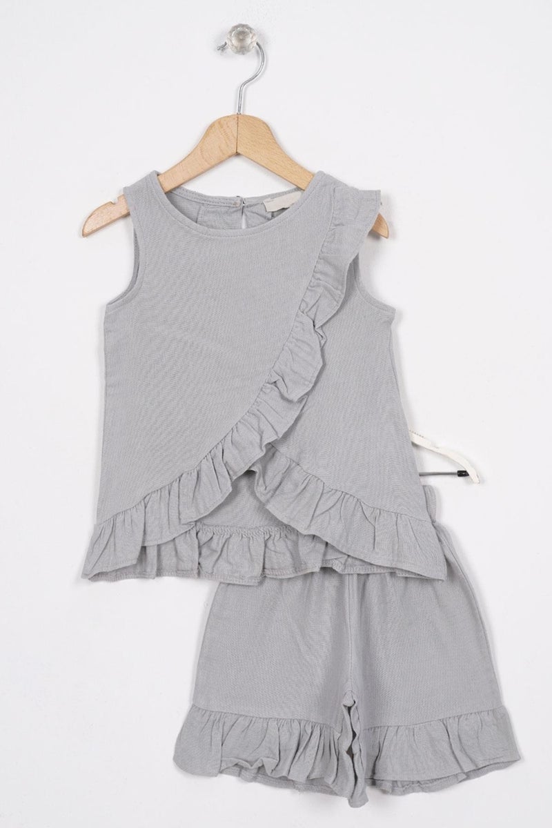 Zepkids Gray Color Girl Shorts Set with Frills on Front and Hem  - Image 1