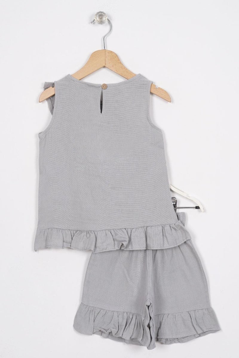 Zepkids Gray Color Girl Shorts Set with Frills on Front and Hem  - Image 3