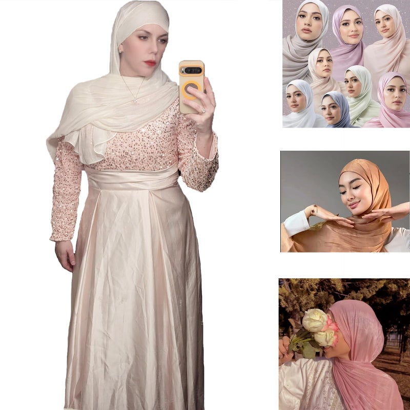 HURESON Women Premium Hijab Head Scarf Lightweight Shimmer Scarves Crepe Wedding Shawls and Wraps for Evening Dresses Shiny (Off white 15#) - Image 5