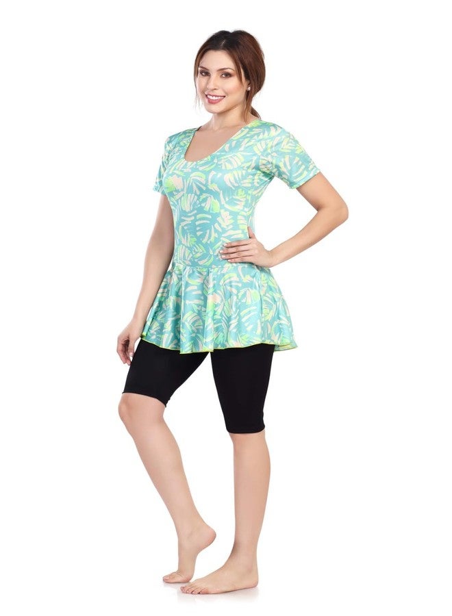 Aquado Poly Jersy - Printed Swimming Costume for Women Frock Style [Half Sleeves - Half Length - Without Pads] (in, Alpha, M, Oceanic Green) - Image 3