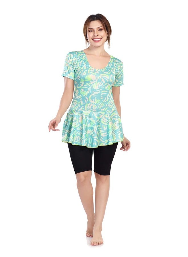 Aquado Poly Jersy - Printed Swimming Costume for Women Frock Style [Half Sleeves - Half Length - Without Pads] (in, Alpha, M, Oceanic Green) - Image 1