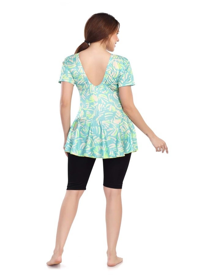 Aquado Poly Jersy - Printed Swimming Costume for Women Frock Style [Half Sleeves - Half Length - Without Pads] (in, Alpha, M, Oceanic Green) - Image 2