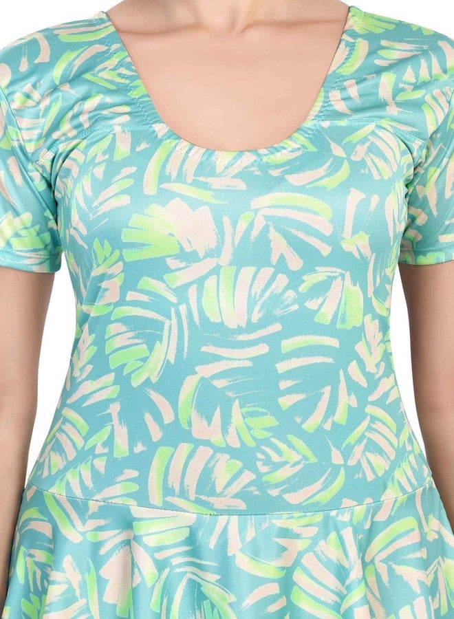 Aquado Poly Jersy - Printed Swimming Costume for Women Frock Style [Half Sleeves - Half Length - Without Pads] (in, Alpha, M, Oceanic Green) - Image 5