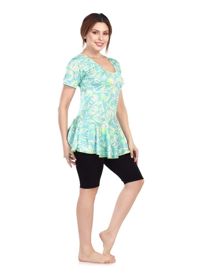 Aquado Poly Jersy - Printed Swimming Costume for Women Frock Style [Half Sleeves - Half Length - Without Pads] (in, Alpha, M, Oceanic Green) - Image 4