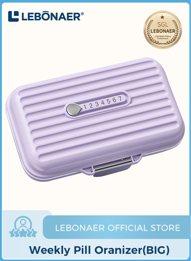 لبونير منظم أقراص للسفر، علبة أقراص محمولة لحفظ الأقراص لمدة 7 أيام علبة أقراص مضادة للرطوبة وحافظة فيتامينات يومية مضادة للرطوبة للفيتامينات والمكملات الغذائية ومتعقب الأدوية (بنفسجي كبير) - Image 1