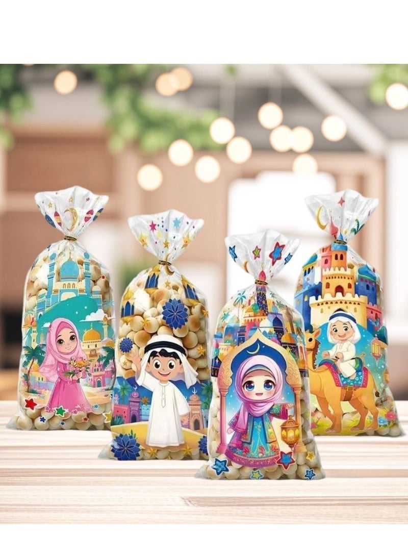 Generic 50 Piece Holiday Gift Bags – 4 Stylish Cartoon Designs, Cellophane Candy Flat Pockets with Gold Ribbon for Parties and Special Occasions  - Image 5
