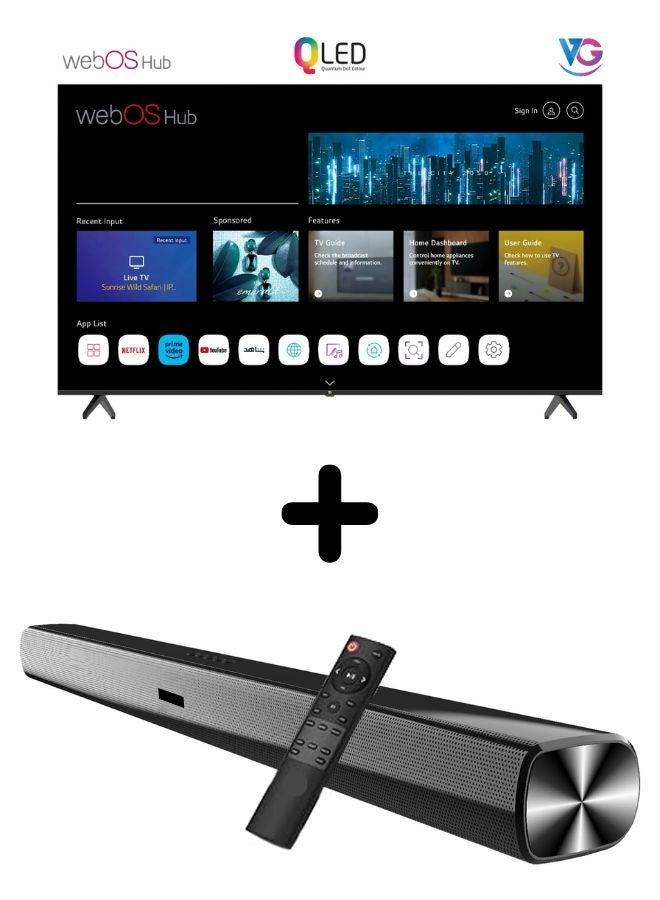 VG حزمة VG من تلفاز QLED ذكي 85 بوصة 4K UHD (محور WebOS، لوحة من الدرجة A+، جهاز تحكم سحري، صوت دولبي) مع مكبر صوت (بلوتوث، راديو FM، صوت قنوات 2.0) - Image 1