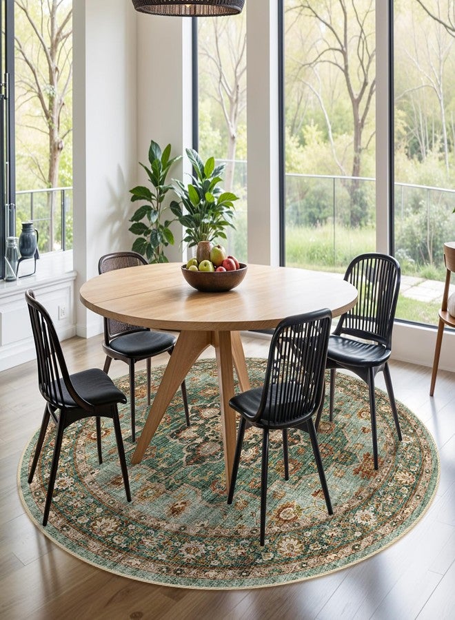 TOPRUUG Washable Oriental Area Rug - 6ft Round Rugs for Living Room Soft Carpet for Bedroom Waterproof Floral Distressed Indoor Stain Resistant Non-Shedding Floor Carpets (Green, 6ft-Round) - Image 3
