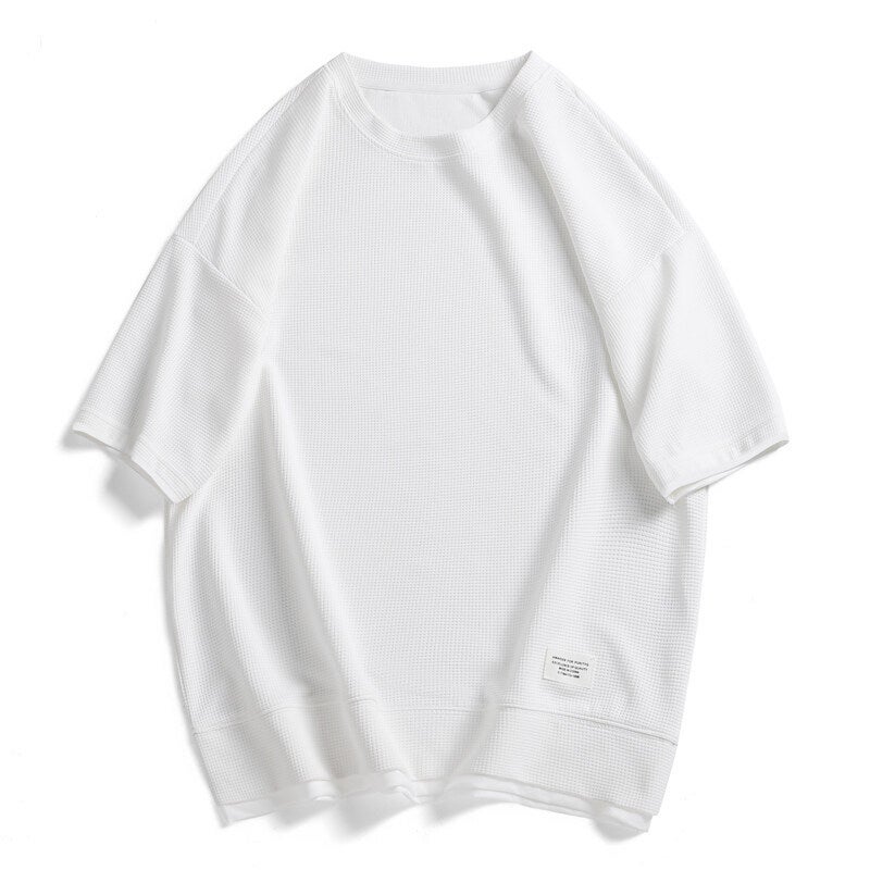 Casual Waffle T-Shirt Men'S Large Size Plus Fat Plus Korean Style Hong Kong Style Retro Youth Loose Version - Image 1