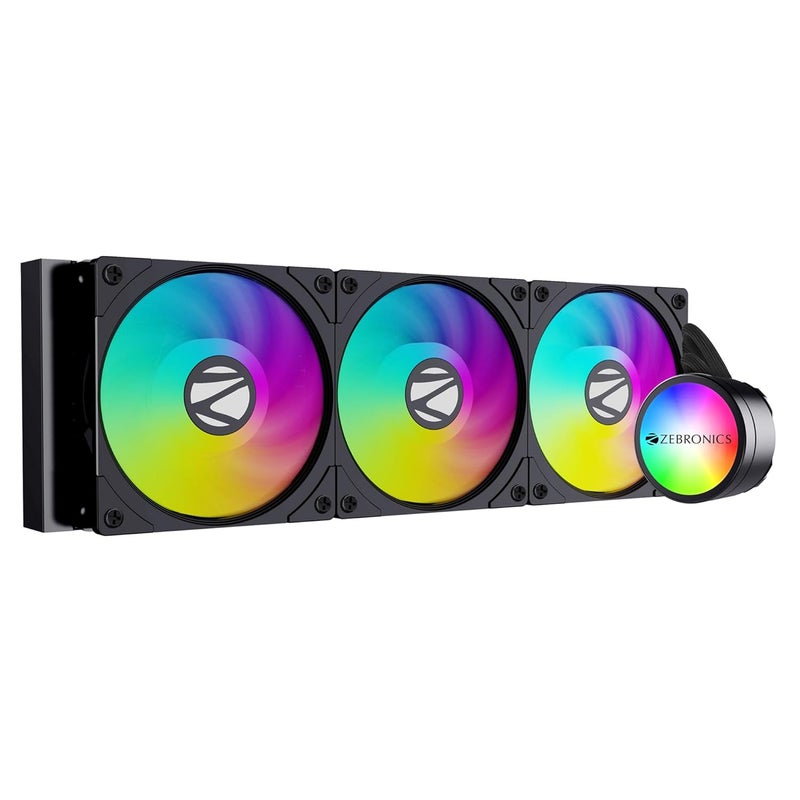 ZEBRONICS Aio360Ab - مبرد سائل 360 مم مع دعم حتى مقبس LGA1700 / AM5، تصميم مضاد للتسرب، مزامنة ARGB، أنابيب مضفرة، وحدة تحكم مروحة مع جهاز تحكم عن بعد (أسود)، سطح مكتب - Image 1