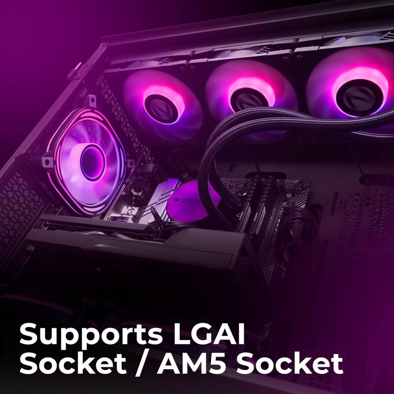 ZEBRONICS Aio360Ab - مبرد سائل 360 مم مع دعم حتى مقبس LGA1700 / AM5، تصميم مضاد للتسرب، مزامنة ARGB، أنابيب مضفرة، وحدة تحكم مروحة مع جهاز تحكم عن بعد (أسود)، سطح مكتب - Image 3