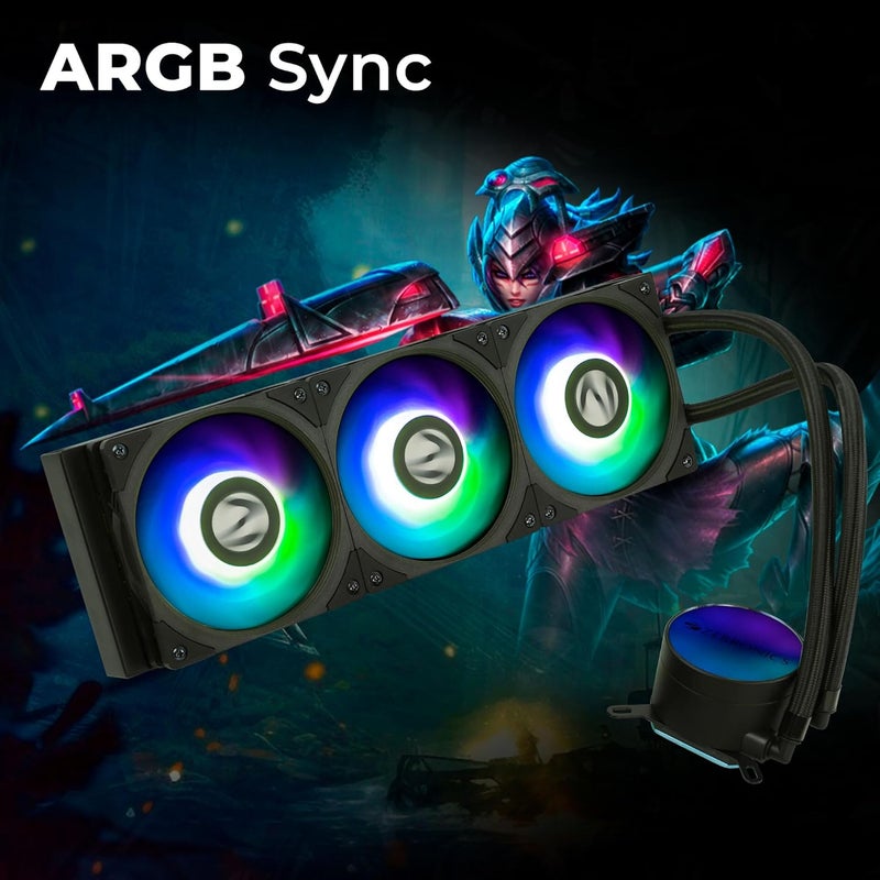 ZEBRONICS Aio360Ab - مبرد سائل 360 مم مع دعم حتى مقبس LGA1700 / AM5، تصميم مضاد للتسرب، مزامنة ARGB، أنابيب مضفرة، وحدة تحكم مروحة مع جهاز تحكم عن بعد (أسود)، سطح مكتب - Image 4