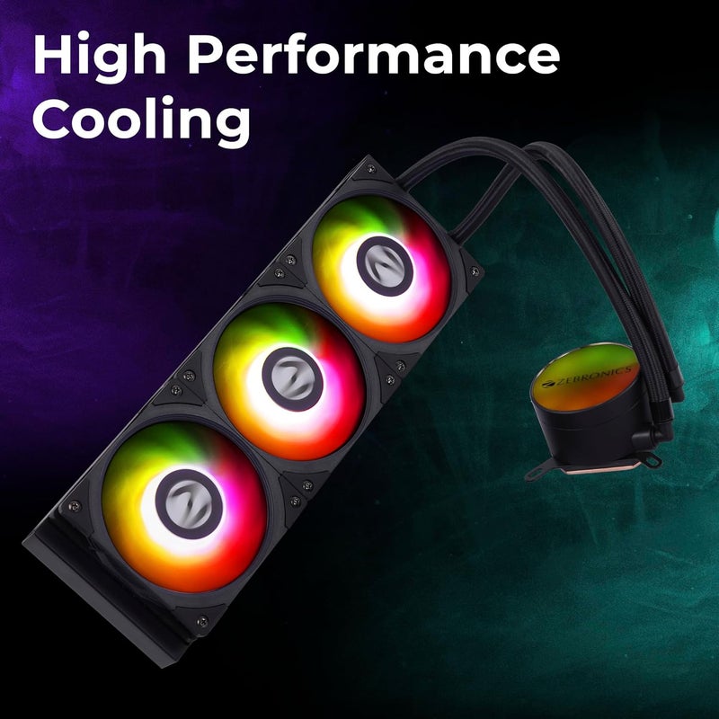 ZEBRONICS Aio360Ab - مبرد سائل 360 مم مع دعم حتى مقبس LGA1700 / AM5، تصميم مضاد للتسرب، مزامنة ARGB، أنابيب مضفرة، وحدة تحكم مروحة مع جهاز تحكم عن بعد (أسود)، سطح مكتب - Image 2