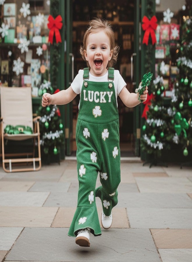 Rtnnsbbfcm Toddler Baby Girl St Patricks Day Outfit Lucky Girl Overalls Bell Bottoms Shamrock Romper Jumpsuit Clothes (Lucky Green, 3-4 Years) - Image 2