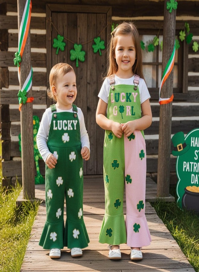 Rtnnsbbfcm Toddler Baby Girl St Patricks Day Outfit Lucky Girl Overalls Bell Bottoms Shamrock Romper Jumpsuit Clothes (Lucky Green, 3-4 Years) - Image 4