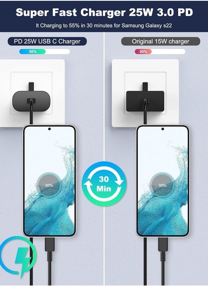25W Fast Charger for compatible  Samsung Galaxy S22, S22Ultra, S22+, S21, S20, A32, A33, A53, A73, USB C Super Fast Charger Pluge with 1.5m Type C Charging Cable
