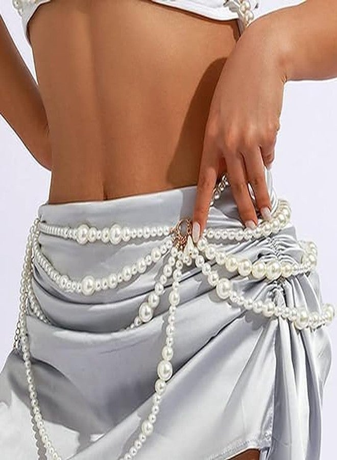 RECTYO GALLERY 1 Pcs Premium white Pearl Waist Chain Layered Belly Body Chains Bikini Belly Chain Beach Rave Party Body Accessories for Women and Girls Pearl - Image 2