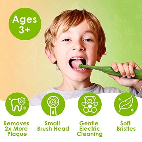 Brusheez مجموعة فرشاة الأسنان الكهربائية للأطفال من بروشيز - آمنة وفعالة للأعمار 3+ - تم اختبارها والموافقة عليها من قبل الآباء مع شعيرات لطيفة، رأسين للفرشاة، كوب شطف، مؤقت لمدة دقيقتين، وقاعدة تخزين (سنابي التمساح) - Image 2