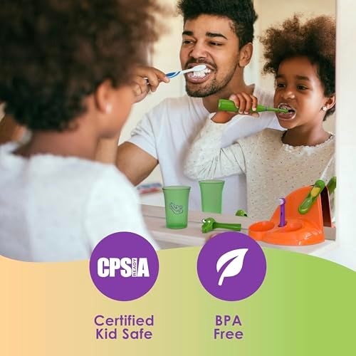 Brusheez مجموعة فرشاة الأسنان الكهربائية للأطفال من بروشيز - آمنة وفعالة للأعمار 3+ - تم اختبارها والموافقة عليها من قبل الآباء مع شعيرات لطيفة، رأسين للفرشاة، كوب شطف، مؤقت لمدة دقيقتين، وقاعدة تخزين (سنابي التمساح) - Image 5