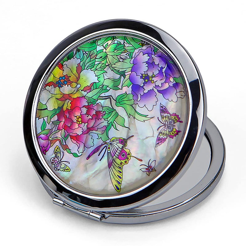 مرآة مدمجة من اللؤلؤ الأم Mother of Pearl مرآة مكبرة مرآة مكياج للسفر بلمسة واحدة مرآة يد أنيقة بتصميم زهور مرآة محمولة مزدوجة الجوانب لوحة فنية كورية تقليدية شجرة الفراشة بوني