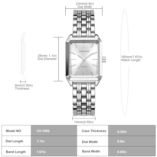 CHEETAH Women's Silver-Tone Dainty Watch, Retro Style Rectangular Case and Stainless Steel Band, Gift for Her - Image 3