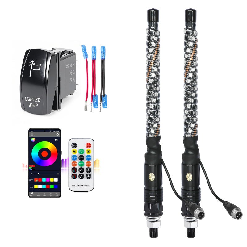 UNI-SHINE UNISHINE 2PCS 1FT LED Whip Lights with RGB Chasing Lights with APP Remote Control Music Antenna Whip Light for CanAm UTV ATV RZR CanAm SXS Polaris Offroad Truck - Image 2