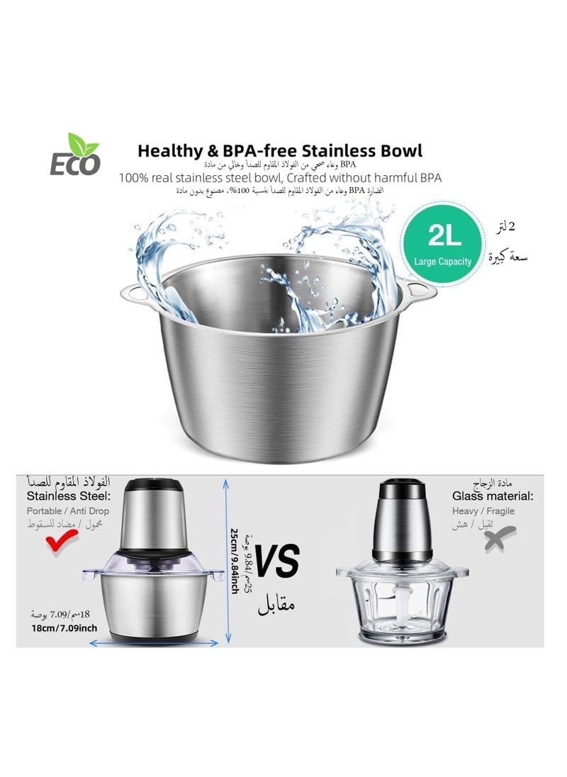 Aookay Meat Grinder Electric:مفرمة لحم كهربائية Healthy Non-BPA Stainless Steel Bowl, 2L 350W Food Chopper Processors 2 Speed Modes 4D design Blades for Onion, Nuts,Fruit, Garlic,Vegetable, Baby Food (2L)  - Image 4