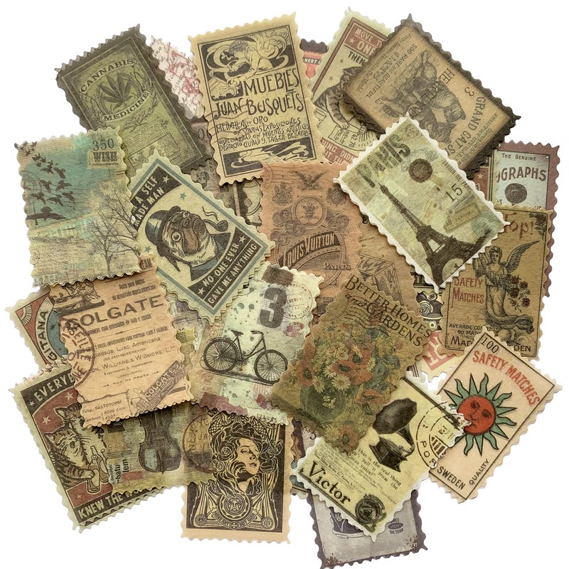 Cotrida 60pcs Vintage Postage Stamp Stickers, Aesthetic Modern Deco Paper Sticker for Scrapbooking, Journaling Supplies, Planners, Kid DIY Art Crafts - Image 1