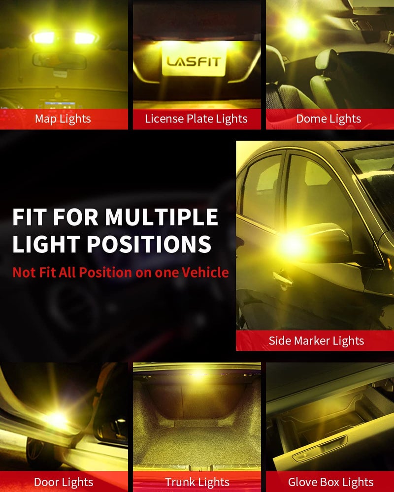 LASFIT194 LED Bulb, Extremely Bright T10 168 2825 W5W Wedge 3030 Chipsets 400 Lumens, Error Free for Car Interior Dome Map Door Courtesy Lights, Golden Yellow，12-24V - Image 3