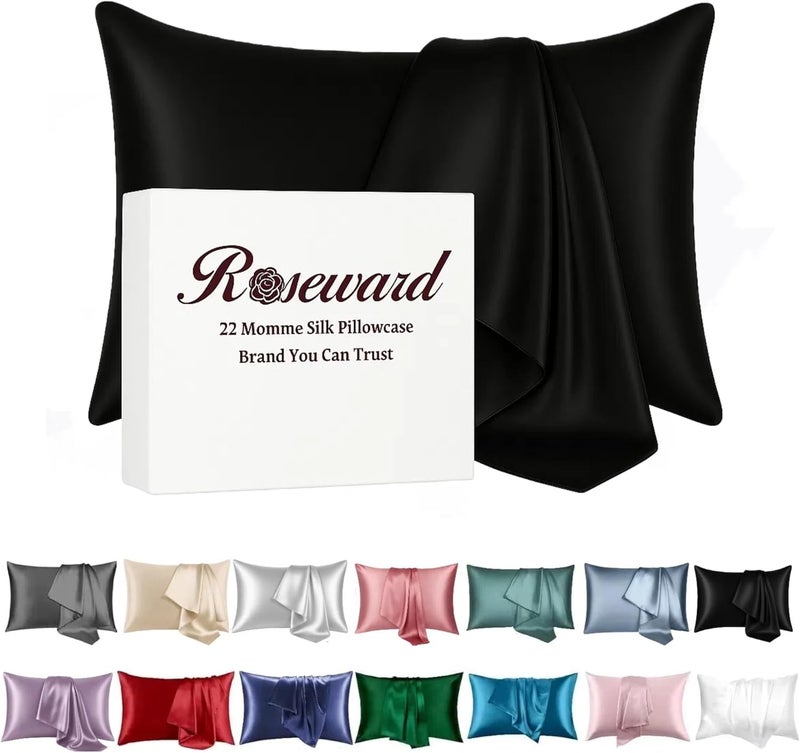 ROSEWARD Black Silk Pillowcase with Natural Dye, USA, Oeko-TEX Certified Real 22 Momme King Silk Pillow Cases with Zipper for Beauty Sleep, Anti Aging, 1 Pack 20"x36" (King, Black) - Image 1
