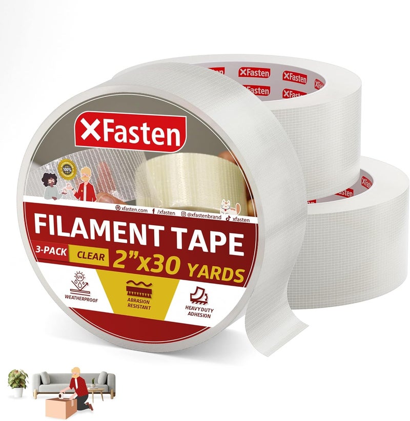 XFasten شريط لاصق من الألياف، شفاف، 2 بوصة × 30 ياردة (3 عبوات) - Image 1