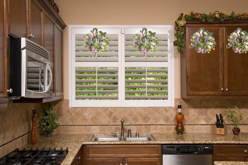 LSKYTOP Artificial Green Eucalyptus Leaves Wreaths with Butterfly and Daisy Flower Faux Kitchen Cabinet Wreaths for Apartment Door Wall Window Decor,10 inch - Image 5