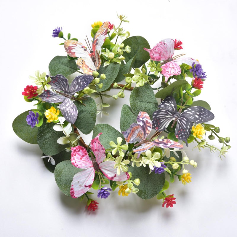 LSKYTOP Artificial Green Eucalyptus Leaves Wreaths with Butterfly and Daisy Flower Faux Kitchen Cabinet Wreaths for Apartment Door Wall Window Decor,10 inch - Image 1