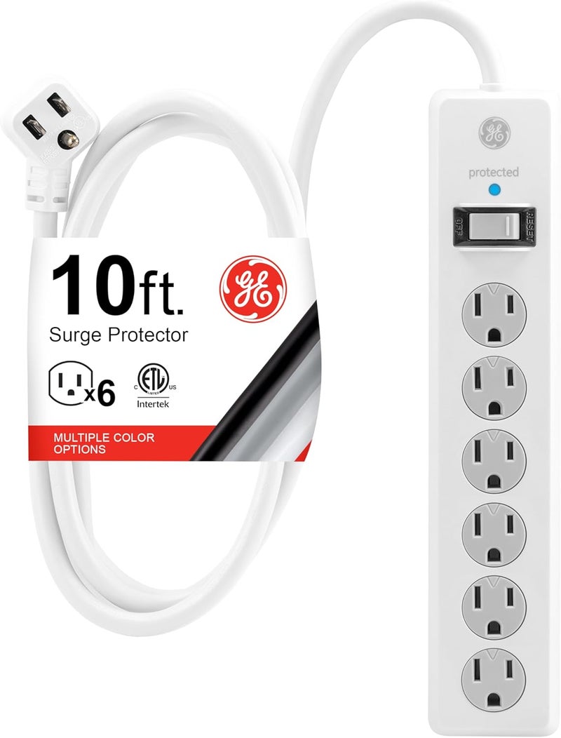 GE 6-Outlet Surge Protector with 10 Ft Extension Cord and 800 Joules Protection - Image 1