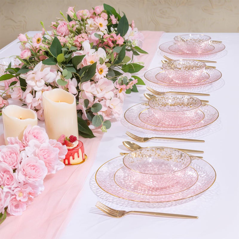 I00000 50 Pack 12 Ounce Pink Plastic Bowls Serving Bowls Hammered Clear Bowl with Gold Rimmed, Heavy Duty Disposable Bowl Set,Small Bowls for Wedding Party - Image 4