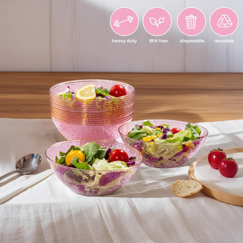 I00000 50 Pack 12 Ounce Pink Plastic Bowls Serving Bowls Hammered Clear Bowl with Gold Rimmed, Heavy Duty Disposable Bowl Set,Small Bowls for Wedding Party - Image 3