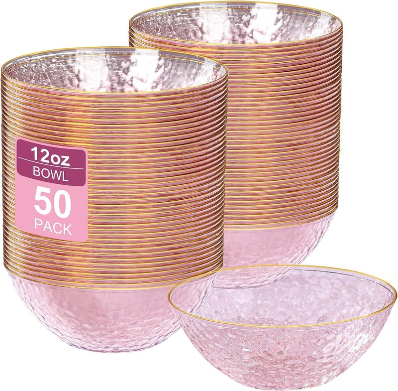I00000 50 Pack 12 Ounce Pink Plastic Bowls Serving Bowls Hammered Clear Bowl with Gold Rimmed, Heavy Duty Disposable Bowl Set,Small Bowls for Wedding Party - Image 1